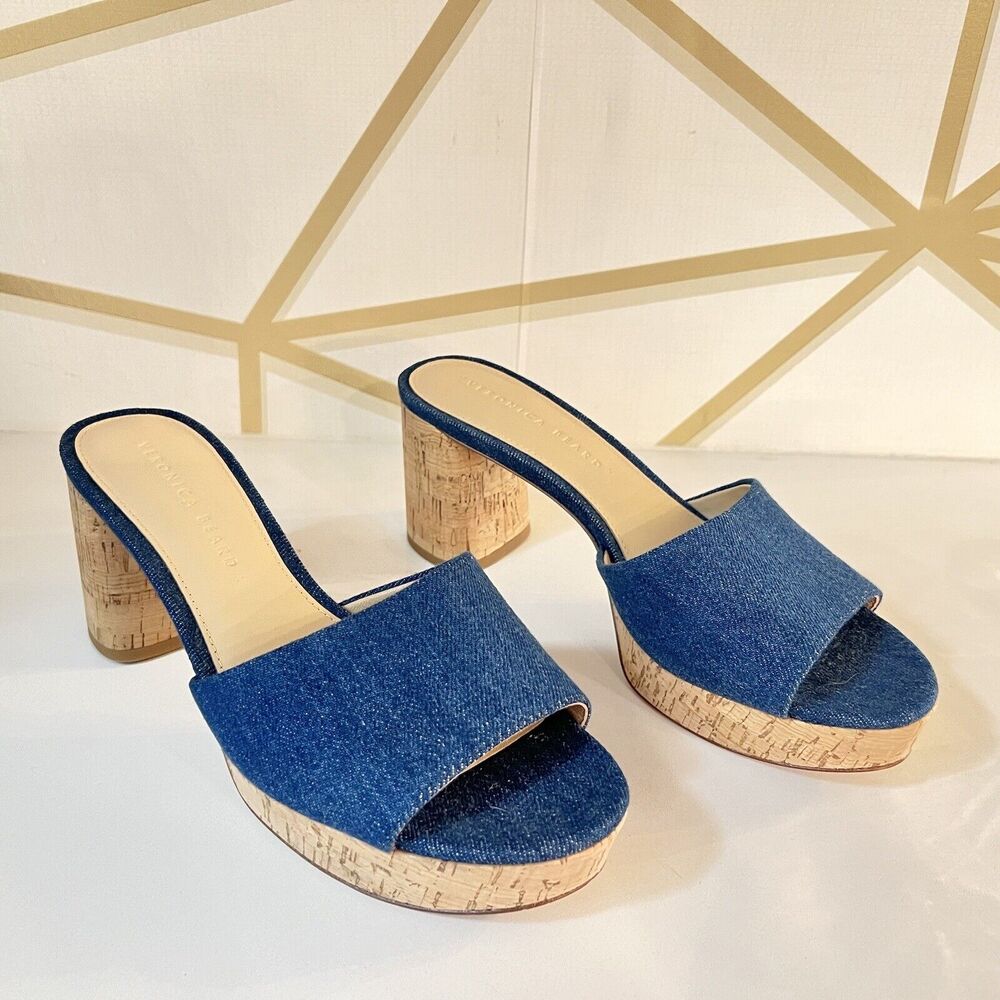 Veronica Beard Women Dali Denim Cork Platform Mules Sandals Heels Shoes Sz 8